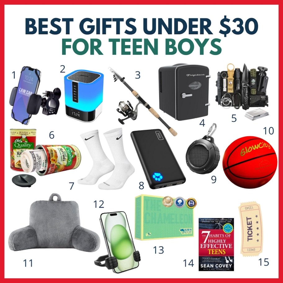 collage gift guide of best gifts under $30 for teen boys