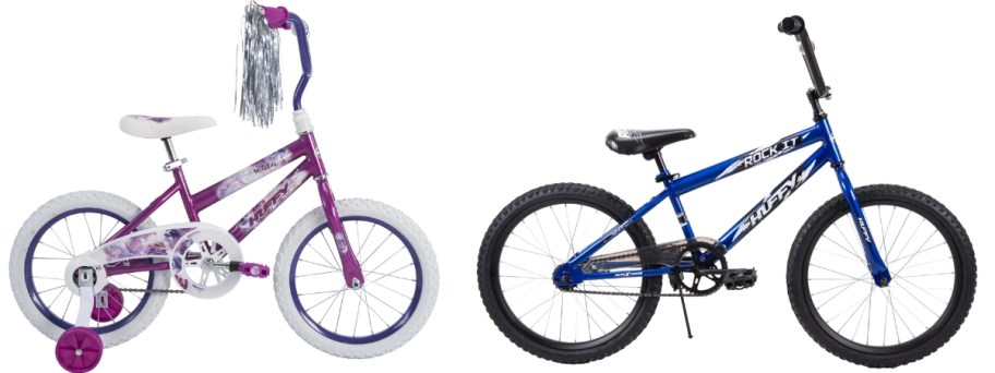 a girl's purple and white Huffy bike with training wheels and a boy's blue Huffy bike