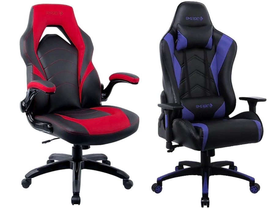 a red and black faux leather gaming chair and a bluish purple and black faux leather gaming chair, both have arms and wheels