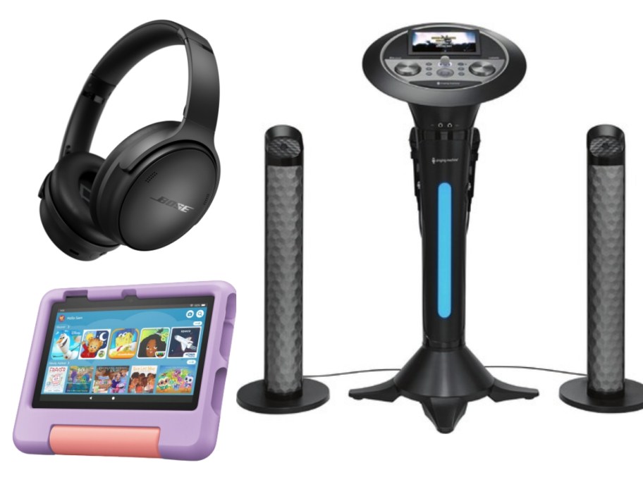 a pair of black Bose headphones, a kids Amazon Fire Tablet and a Karaoke machine with microphones and stands