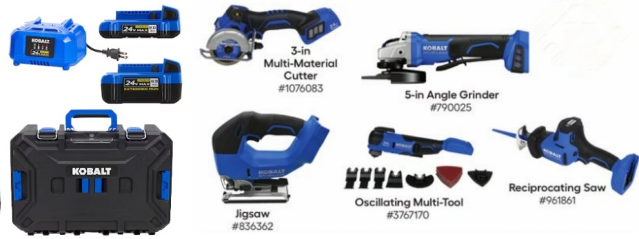 a set of Kobalt batteries and charger and a case then a group of Kobalt tools