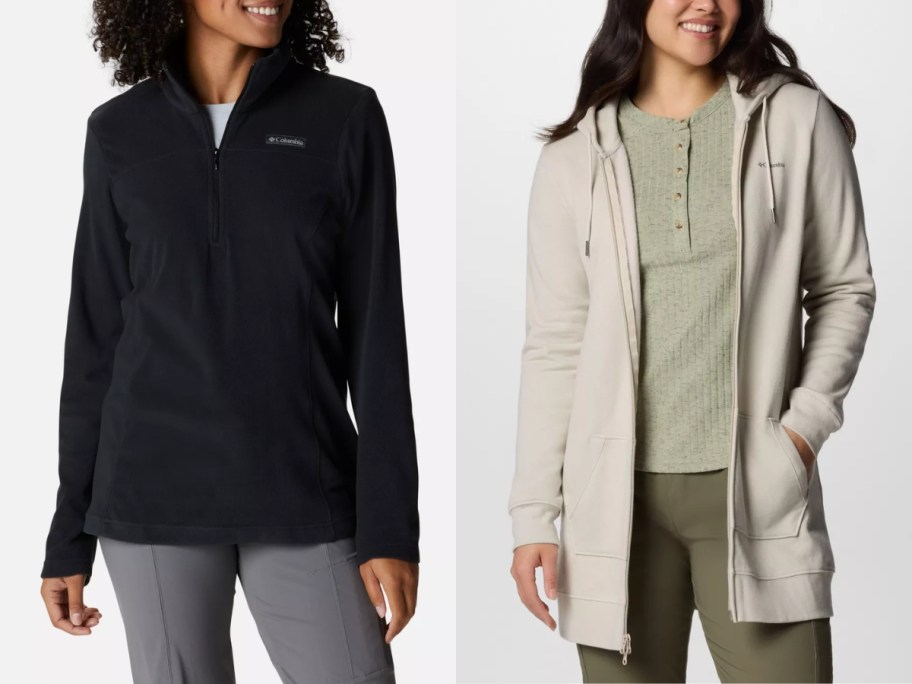 woman wearing a black Columbia pullover fleece top and woman wearing a long Columbia zip up hoodie