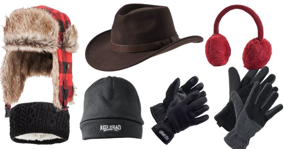 a red plaid faux fur lined ear flap winter hat, a black with white sherpa lined women's headband, a men's brown wool hat, kids Cabela beanie hat and gloves, red earmuffs and a pair of grey gloves