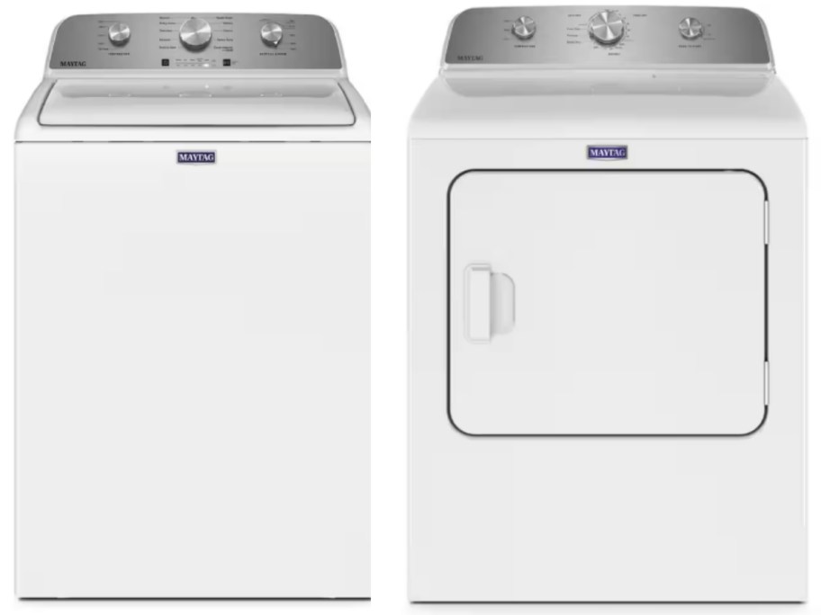 a white Maytag washer and dryer set