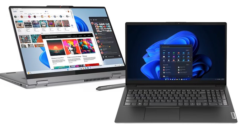 a silver flip laptop with the screen showing and the keyboard flipped back so it's sitting up and a stylus pen, next to a black laptop that's open and has a blue image on the screen