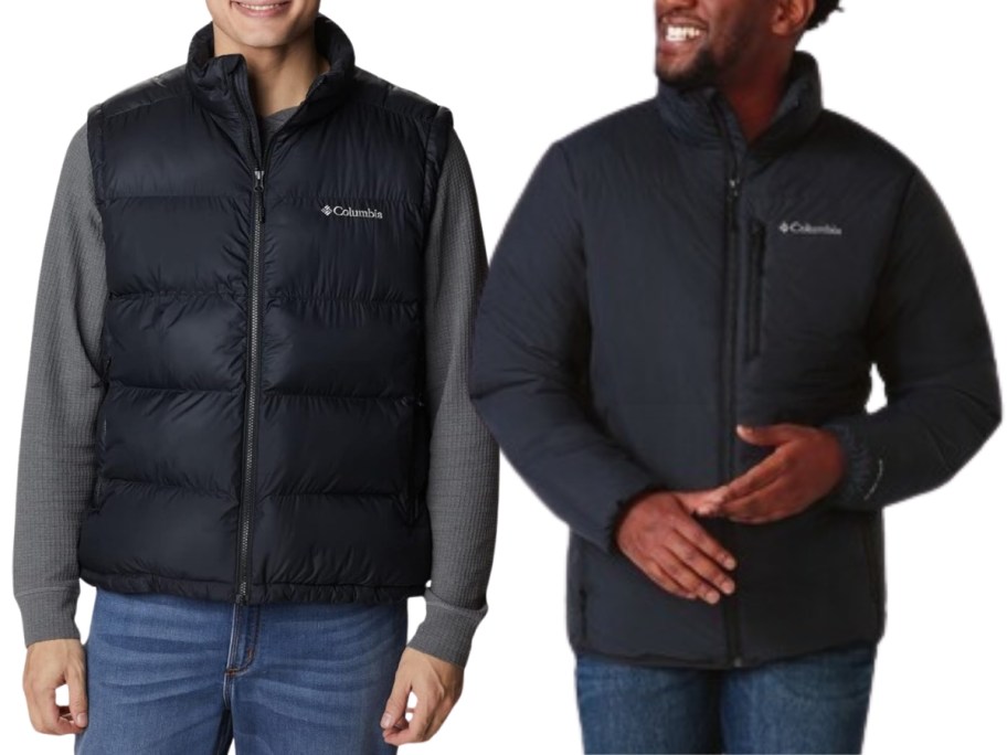 man wearing a black Columbia vest with a shirt and jeans and man wearing a black Columbia jacket with jeans