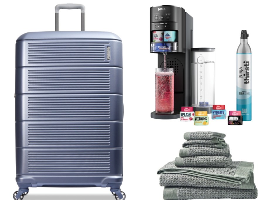 a large silver blue hardside spinner luggage piece, a Ninja Thirsti Machine Bundle, and a set of 6 grey waffle towels and washcloths