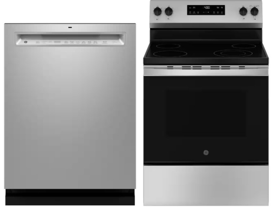 a stainless steel GE dishwasher and a stainless steel and black GE oven