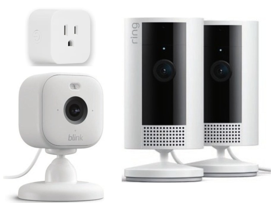 a white smart plug, a white indoor security camera and set of 2 indoor/outdoor security cameras