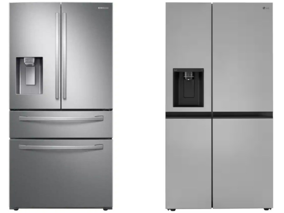 a stainless steel double french door with drawers fridge and a stainless steel 4 dour fridge