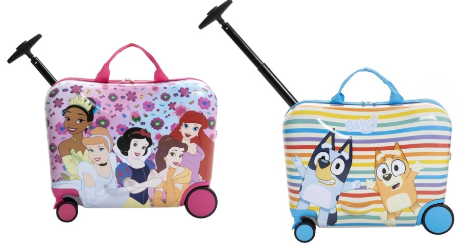 Disney Princess and a Bluey kid's ride on luggage pieces