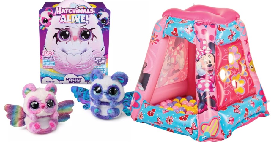 a set of 2 Hatchimals toy plush animals wit the egg they come in and a Minnie Mouse inflatable ball pit tent