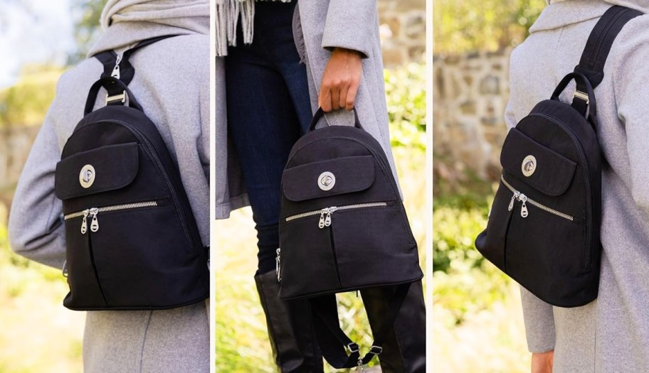 woman showing 3 ways to use a backpack