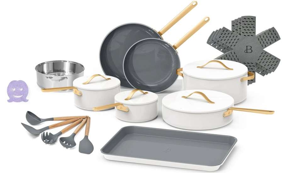 white, grey, and gold cookware set