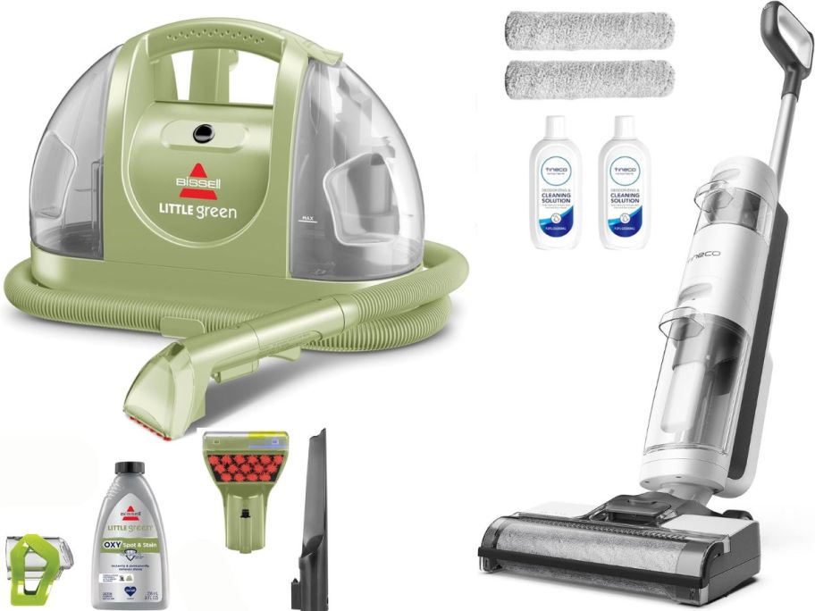 Stock images of a Bissell Little Green and a Tineco Floor Cleaner
