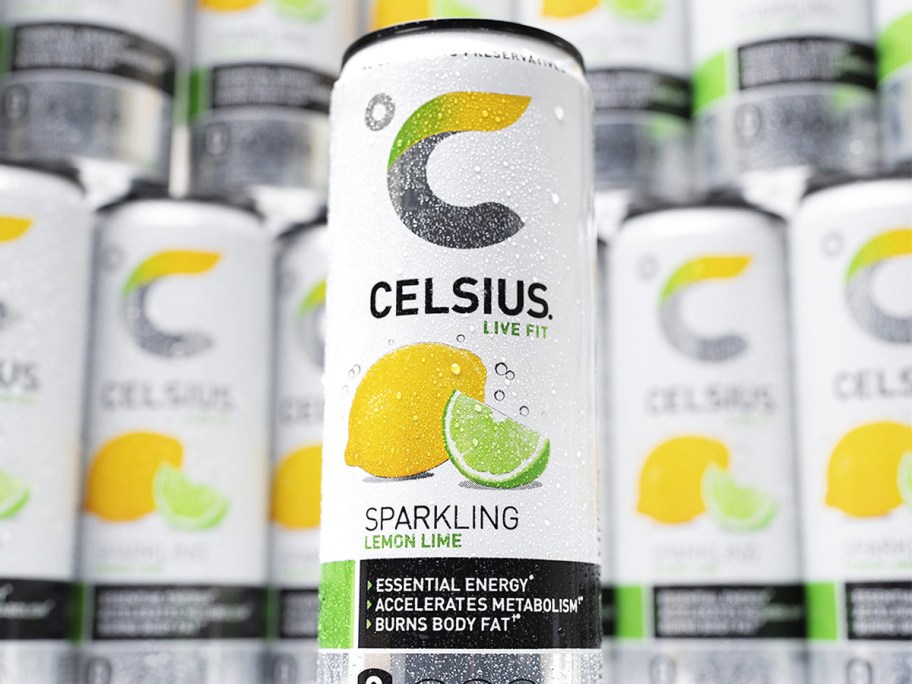 can of CELSIUS lemon lime energy drink with more in the background