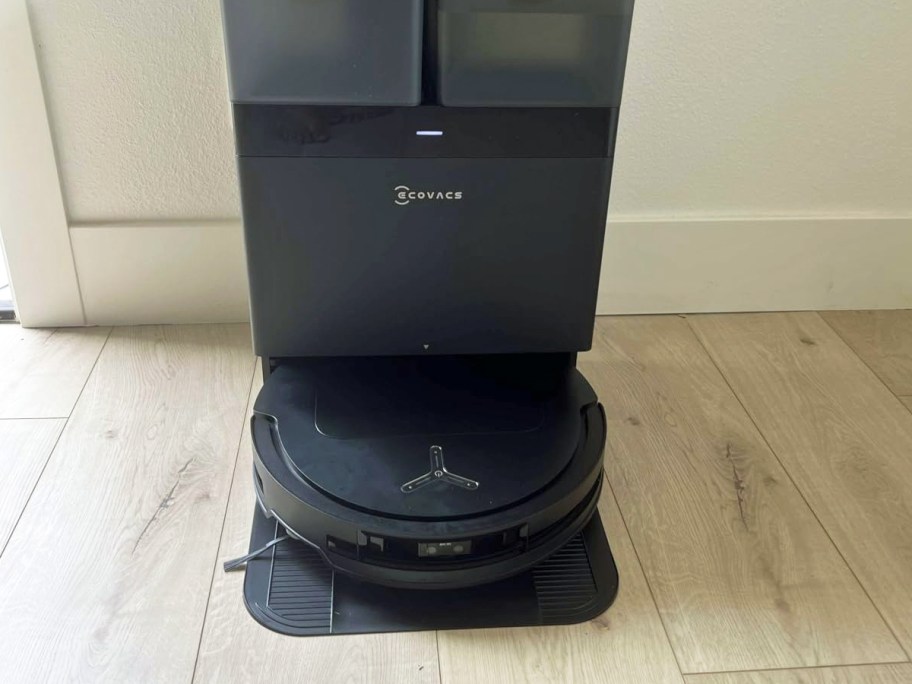 black robot vacuum on its self-empty base