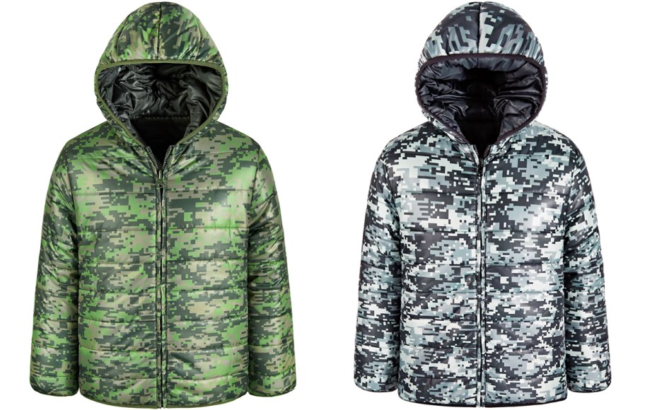 green and grey digital camo print puffer jackets