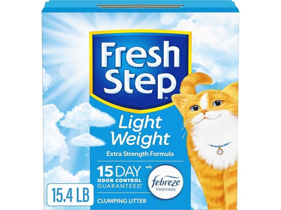 A box of Fresh Step Light Weight Cat Litter w/ Febreze 15.4lb