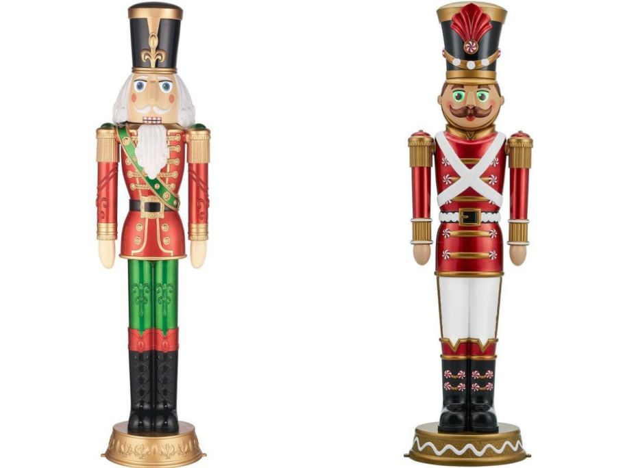 Two home depot giant nutcracker decorations with LED light-up eyes