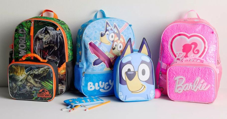 3 Kids Character backpack Sets featuring Jurassic Park, Bluey and Barbie