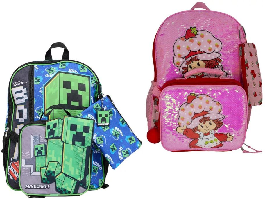 Stock images of Minecraft and Strawberry Shortcake Backpack Sets from Kohl's