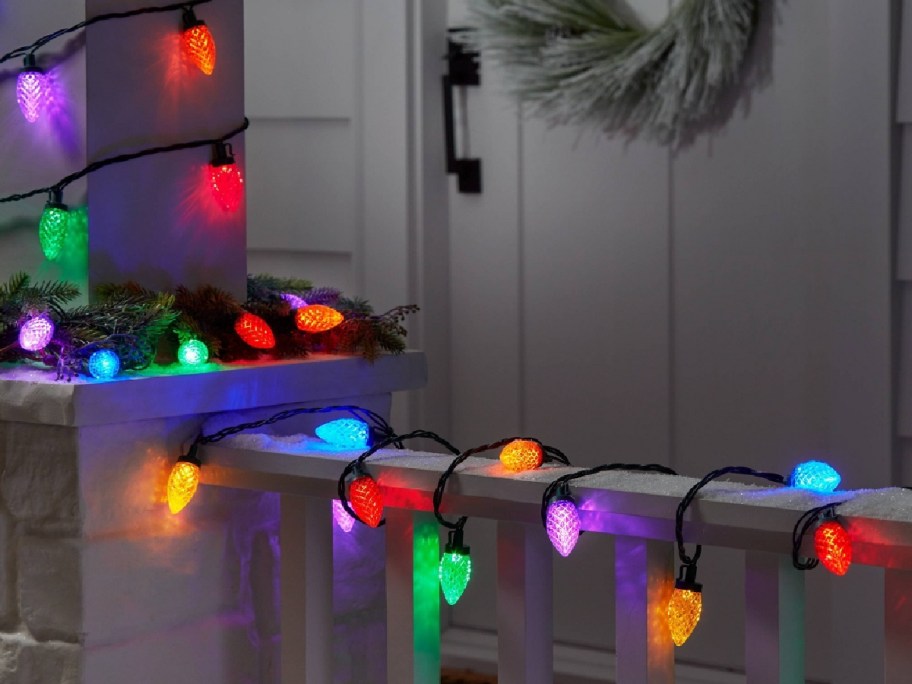 LED christmas lights displayed on a porch