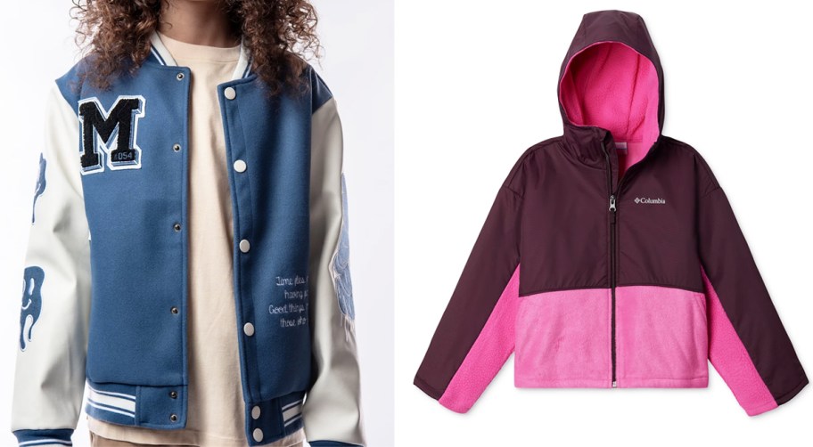 boy in varsity jacket and pink and maroon columbia jacket