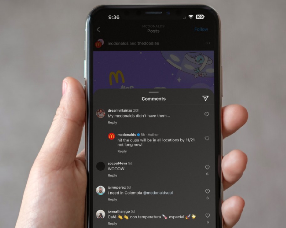 McDonald's Instagram Comments showing a release date of 11/21 for doodle cups