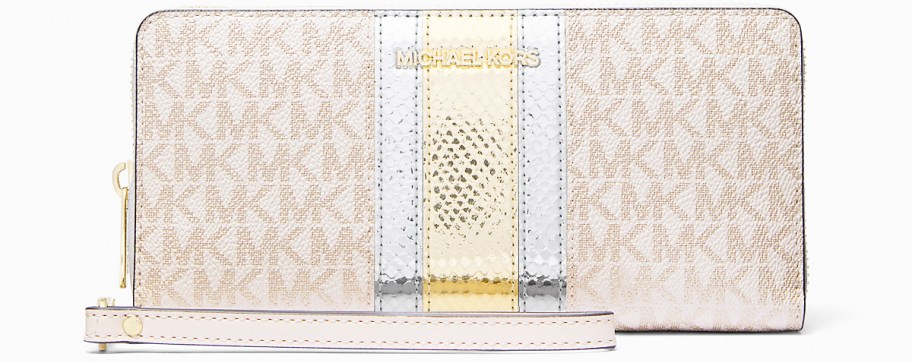 tan, silver, and gold Michael Kors wallet