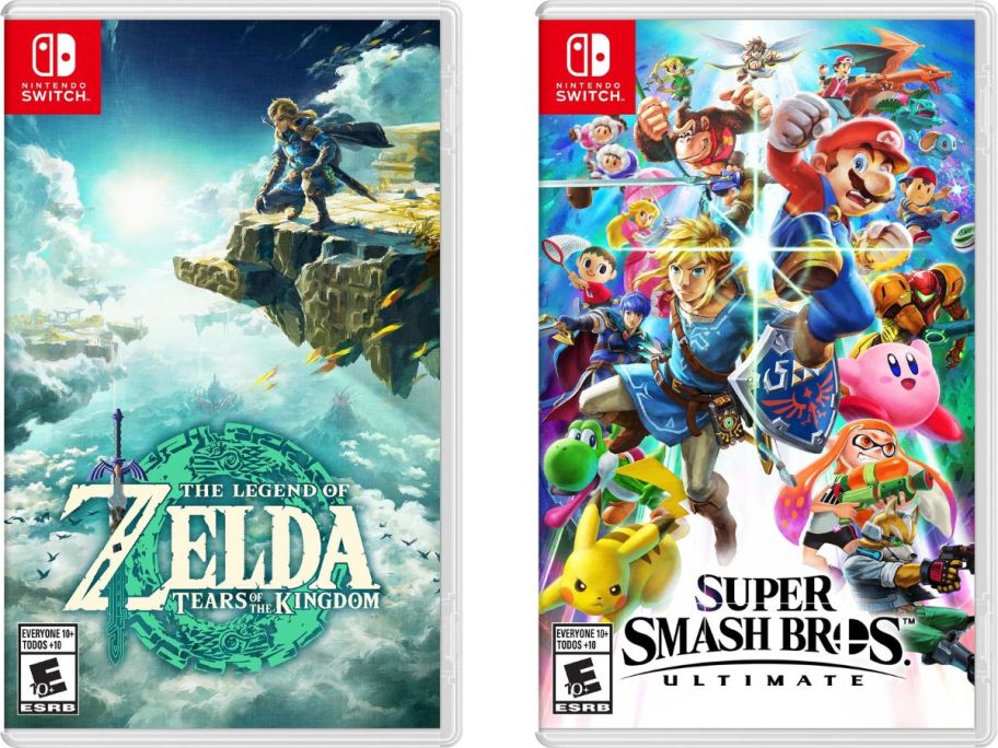 Stock imags of Zelda: Tears of the Kingdom and Super Smash Bros. Ultimate Nintendo Switch Games