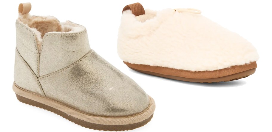 gold bootie and shearling slipper