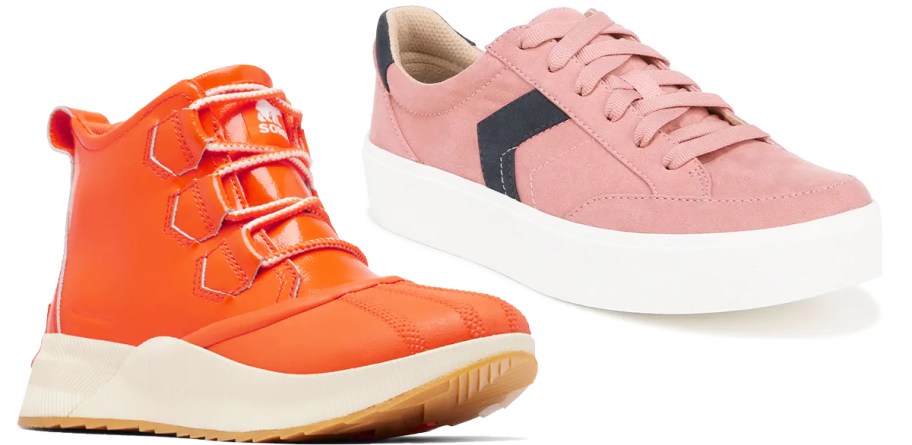 orange boot and pink sneaker