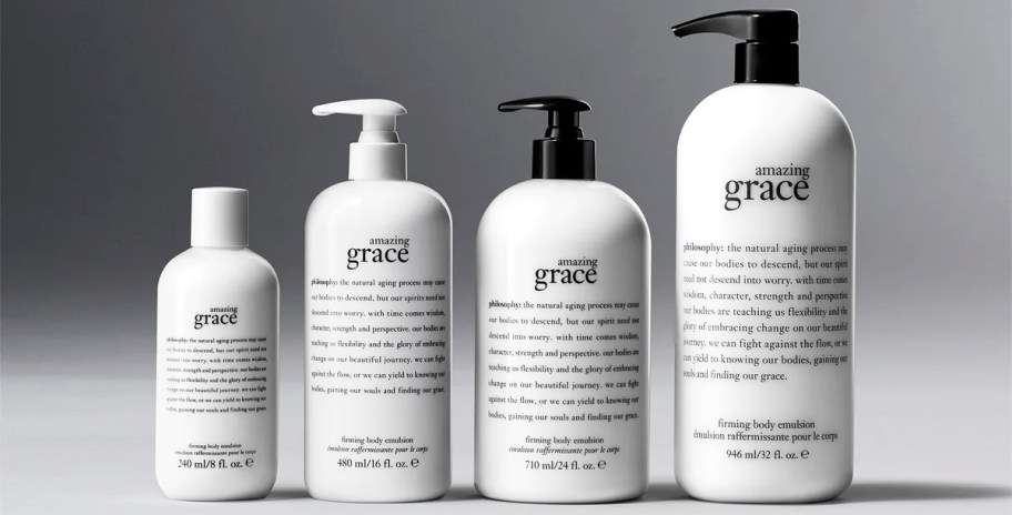 white and black bottle of Philosophy Amazing Grace Firming Body Emulsion
