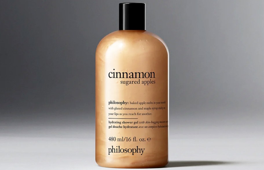 brown bottle of philosophy cinnamon sugared apples shower gel