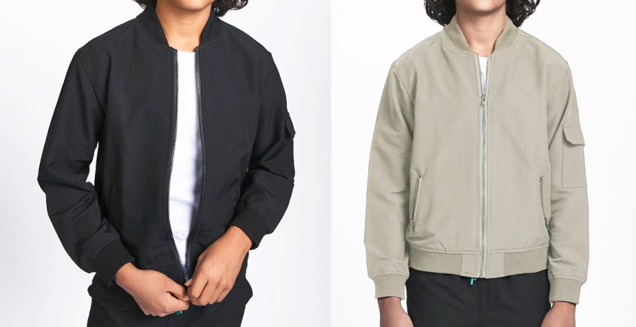 two boys in black and taupe jackets