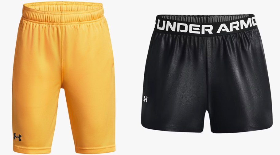 yellow and black pairs of under armour shorts