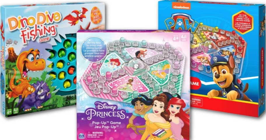 Stock images of Dino Dive, Pop Up Princess and Pop Up Paw Patrol Games for kids