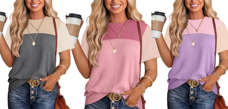 Woman wearing a color block shirt