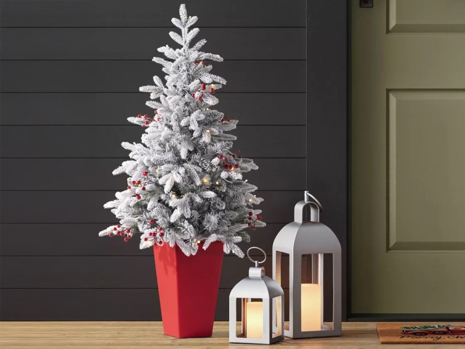 Wondershop 4' Pre-lit Flocked Balsam Fir with Red Berries Potted Mini Artificial Christmas Tree