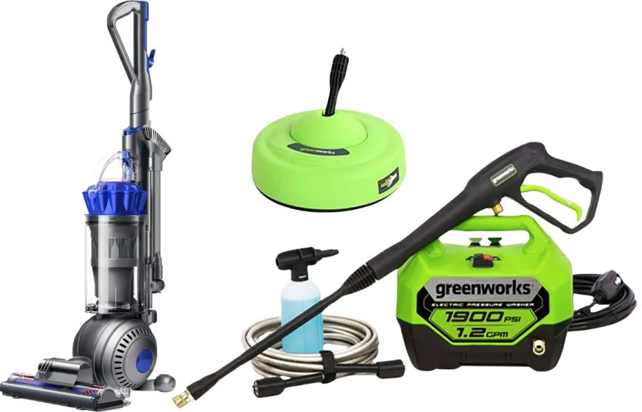 dyson ball vacuum shown with green works pressur washers