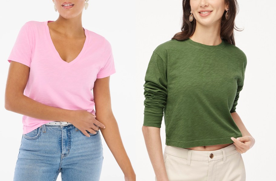 two women wearing pink and green tops 