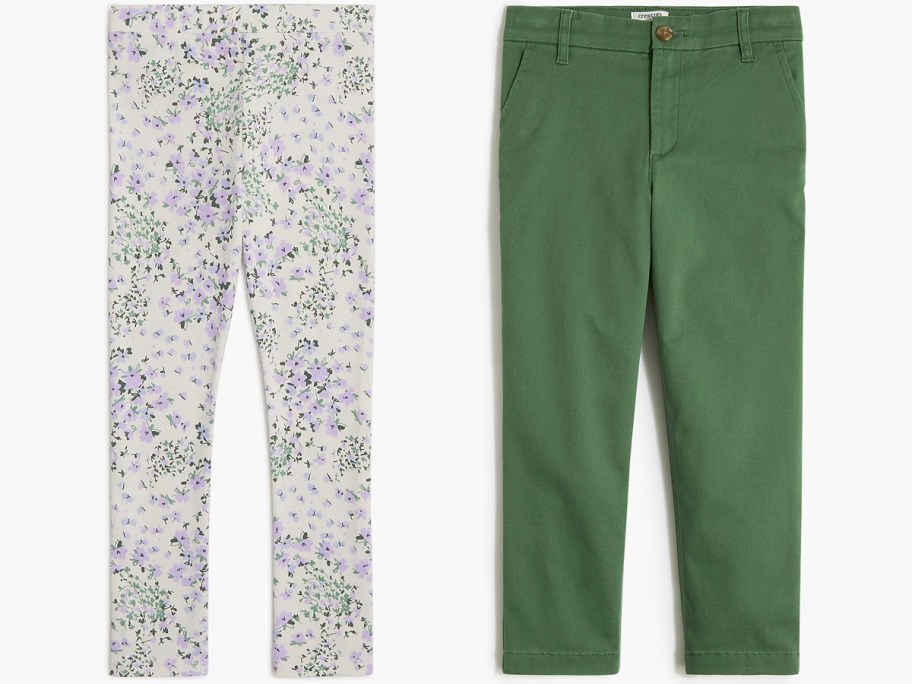 floral leggings and green chino pants 