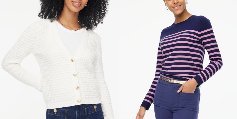 two women wearing white and purple and pink striped sweaters