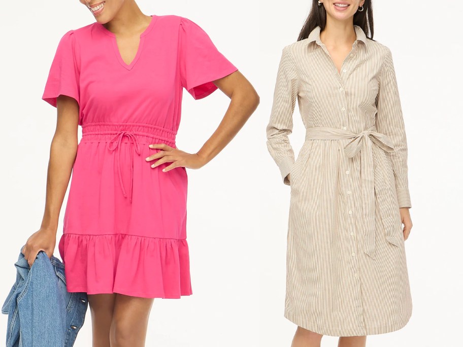 two women wearing pink and beige dresses