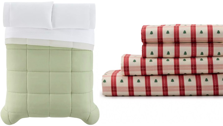 bed with green comforter and christmas tree sheets 