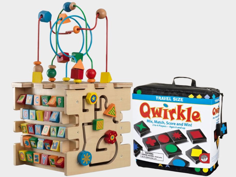 a sensory cube toy and a travel board game 