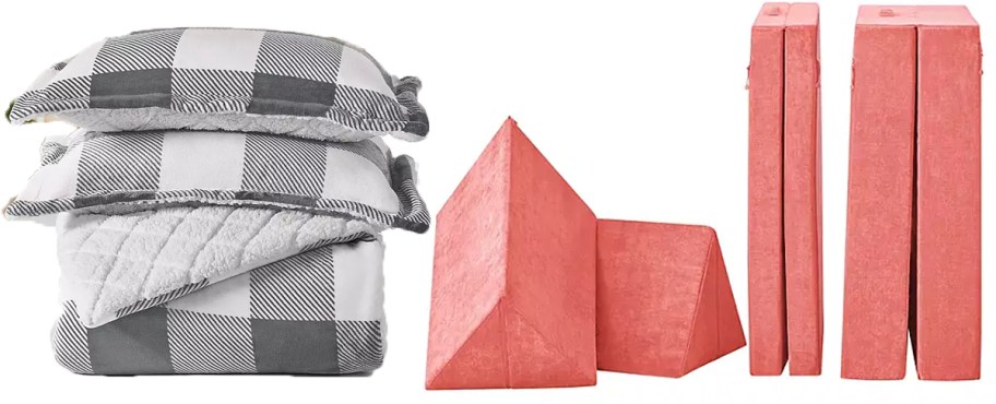 white and gray plaid comforter set and pink explorer sofa 