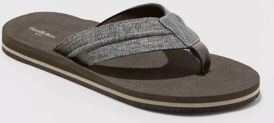 Men’s Goodfellow & Co. gray fabric flip-flop sandal with dark footbed and textured sole, displayed on a white background