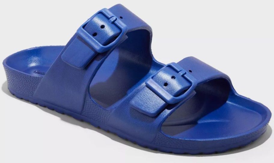 Close-up of a bold blue men’s slide sandal featuring two adjustable buckle straps and a textured footbed, shown against a white background.